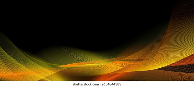 Abstrato amarelo e laranja onda suave em um fundo preto. Onda sonora dinâmica. Elemento de design. Ilustração vetorial.