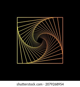 Abstract yellow and orange square spirograph twisted wireframe tunnel shapes logo ethnic on the black background. Vector illustration.