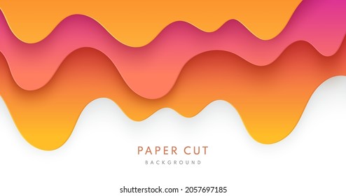 Abstract yellow, orange and sweet pink paper cut wavy shapes layers on white background. Vector background with yellow honey or melting caramel syrup. Flow of sweet sticky liquid. Vector illustration