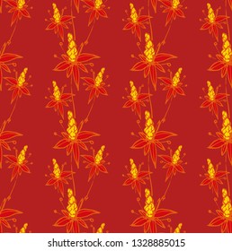 Abstract yellow outline floral pattern, on red background, stock vector illustration for design and decor, prints, fabrics, wrapping paper