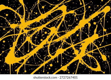 Abstract yellow paint splatters and drips on a black background, creating an energetic and expressive modern art pattern.