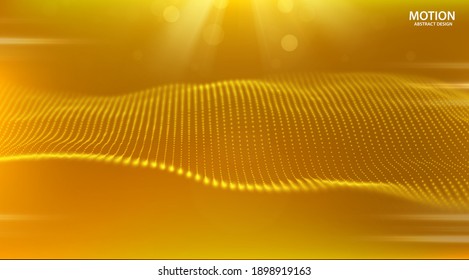 Abstract yellow particle background. Flow wave with dot landscape. Digital data structure. Future mesh or sound grid. Pattern point visualization. Technology vector illustration.