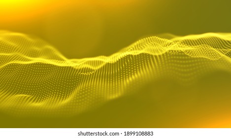 Abstract yellow particle background. Flow wave with dot landscape. Digital data structure. Future mesh or sound grid. Pattern point visualization. Technology vector illustration.