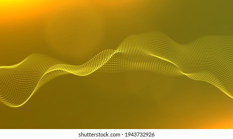 Abstract yellow particle background. Flow wave with dot landscape. Digital data structure. Future mesh or sound grid. Pattern point visualization. Technology vector illustration.