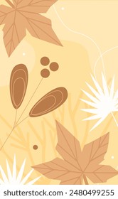 Abstract yellow pattern with berry and leaf branches, dry plants vector illustration