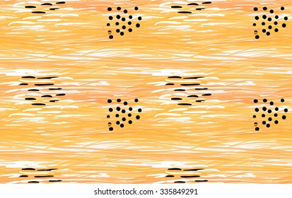 Abstract yellow pencils scribble with black dots.Hand drawn with paint brush seamless background.Modern hipster style design.