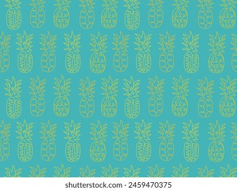 Abstract yellow pineapple on a blue background. Seamless pattern. Tropical exotic fruit. Summer vacation background. Doodle outline drawn illustration