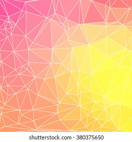 Abstract yellow and pink geometric background consisting of colored triangles and light mesh. Square format.