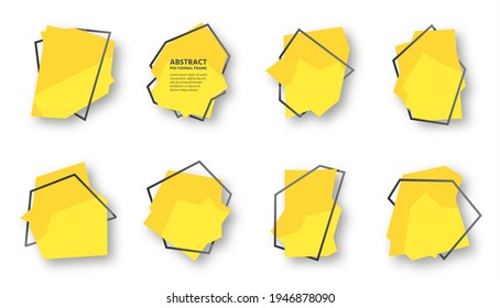 Pancarta de marco de texto poligonal amarillo abstracto con sombra. Formas geométricas de línea negra en un punto brillante. Plantilla de tarjeta de invitación. Afiche publicitario o de bienvenida