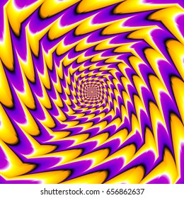 Abstract yellow and purple rotating tunnel. Spin illusion.