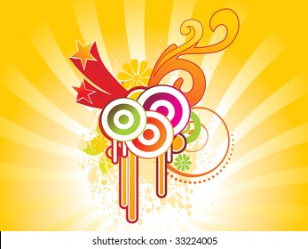 abstract yellow rays background with colorful artwork