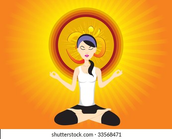 abstract yellow rays background with girl doing yoga