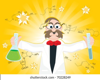 Abstract Yellow Rays, Chemical Formula Background With Professor Holding Lab Tube