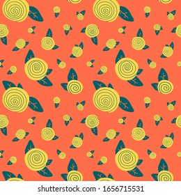 Abstract yellow rose for phone case. Whorl flower seamless pattern for wrap paper, textile linen, fabric pillowcase, bath tile. T-shirt, bag or hoody print. Orange backdrop stock vector illustration