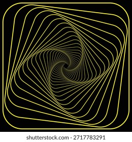 Vórtice espiral quadrado arredondado amarelo abstrato, Ilusão óptica do túnel geométrico no fundo preto. Efeito Espiral Giratório da Arte de Linha Hipnótica e Sentido de Movimento. Plano de Fundo de Linhas Minimalista.