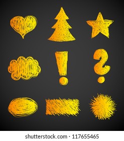 Abstract yellow scribbles symbols on dark background