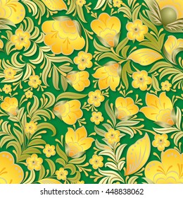 abstract yellow seamless floral ornament on green background