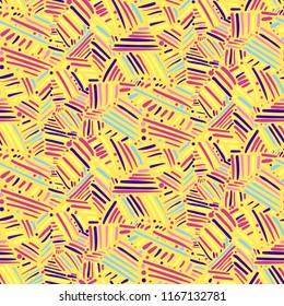 Abstract yellow seamless pattern with colorful hand drawn stokes. Bright vector sketchy lines texture for textile, wrapping paper, cover, surface, wallpaper