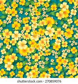 abstract yellow seamless spring floral ornament and shadows on blue green background