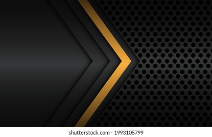 Abstract yellow shadow line arrow direction with blank space on dark grey metallic circle mesh pattern design modern luxury futuristic technology background vector illustration.