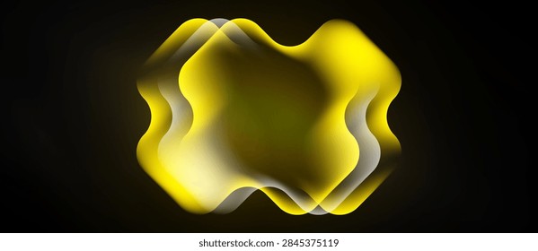 Abstract yellow shape, layered effect, dark background. Fluid forms suggest movement, light interplay creates depth. Minimalist design.
