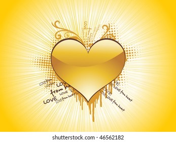 abstract yellow shiny rays background with grungy romantic heart