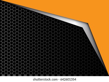 Abstract yellow silver arrow on black hexagon mesh design modern luxury background texture vector illustration.