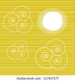 Abstract yellow sky background, sun with spiral clouds, nature concept, vector illustration