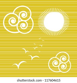 Abstract yellow sky background, sun with spiral clouds and birds, nature concept, vector illustration