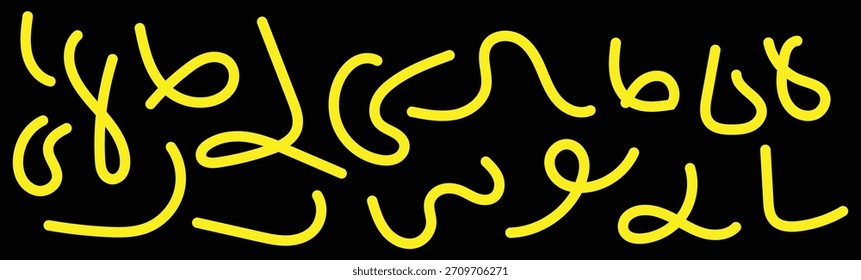 Abstract yellow squiggly lines set. Vector collection of bright curved doodle strokes and shapes isolated on black background