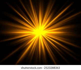 Abstractas explosión de estrella amarilla. Efecto de explosión de estrellas brillante aislado sobre fondo oscuro. Vigas radiantes con centro brillante. Parche gráfico de luz reflejada. Destello de lente. Ilustración vectorial.