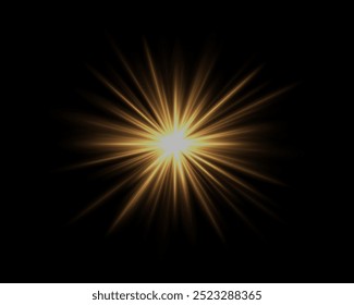 Abstract yellow star explosion. Glowing starburst effect isolated on dark background. Radiant beams with bright glowing center. Graphical patch of reflected light. Lens flare. Vector illustration.