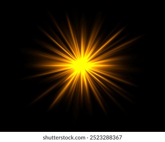 Abstract yellow star explosion. Glowing starburst effect isolated on dark background. Radiant beams with bright glowing center. Graphical patch of reflected light. Lens flare. Vector illustration.