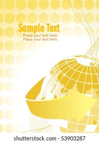 abstract yellow stripes background with curve arrow, globe