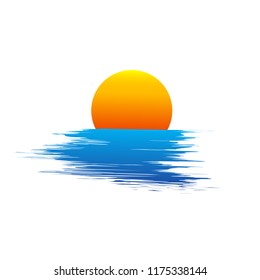 Abstract yellow sun and blue sea waves. Vector illustration. Travel or vacation concept