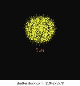 Abstract, yellow sun, a planet drawn in chalk, modern design, ethnic artistic style.  Calendula officinalis or Pot marigold on black background. Vector illustration.