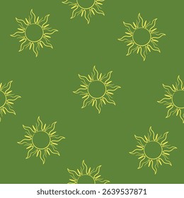 Abstract Yellow Sun Seamless Pattern on Green Background	