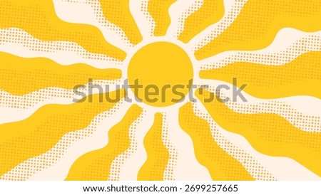 Abstract Yellow Sun with Wavy Halftone Rays. Groovy, hippie, retro sunny background. Abstract hand drawn doodle sunshine shapes in trendy childishly, naive art style.