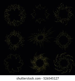 Abstract yellow sunlight and round signs with lines. Vector swirl decor elements in gold color on black. Festive lights and sparks. Fractal decorative symbols. Collection sparklers