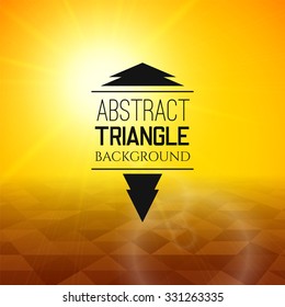 Abstract yellow sunset with dark triangle field, perspetive pattern in sunny fog, geometrical vibrant multicolored vector background illustration