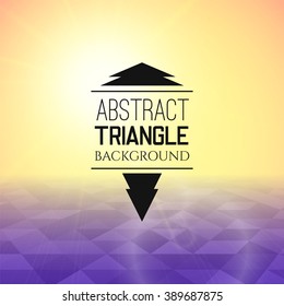 Abstract yellow sunset with purple triangle field, perspetive pattern in sunny fog, geometrical vibrant multicolored vector background illustration