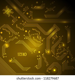 Abstract yellow technology background with circuit board texture. Vector illustration.