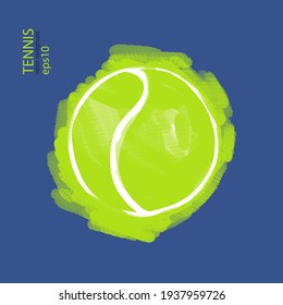 Abstract yellow tennis ball on blue background. Sport element for design poster, cover, flyer, t-shirt. Hand drawing, logo. - Shutterstock ID 1937959726