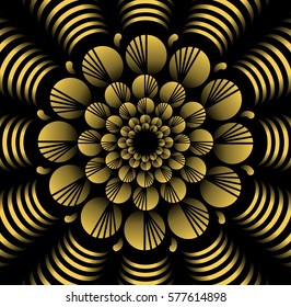 Abstract yellow vector flower patterns in fractal style on black background, high contrasting decorative tile with 3d effect, vector EPS10