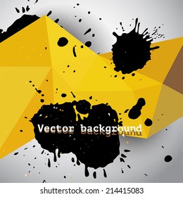 Abstract yellow vector grunge geometric background, triangle bright mesh with black stains and blots