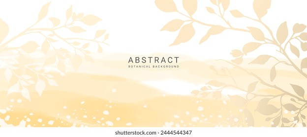 Abstract yellow watercolor background with hand drawn silhouettes of branches and leaves. Pastel elegant vector illustration for wall decor, card, wedding invitation, packaging, print, cover, banner, 