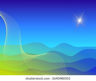 Abstract Yellow Wave Lines on Blue and Green Gradient Background. ( original illustration, not AI- Generated ).