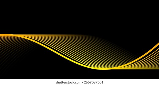 Abstract yellow wave lines on black background. Dynamic glowing curves create a modern, futuristic, and elegant vector design for banners, posters, and digital media.