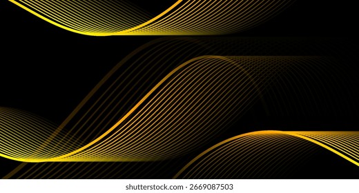 Abstract yellow wave lines on black background. Dynamic glowing curves create a modern, futuristic, and elegant vector design for banners, posters, and digital media.