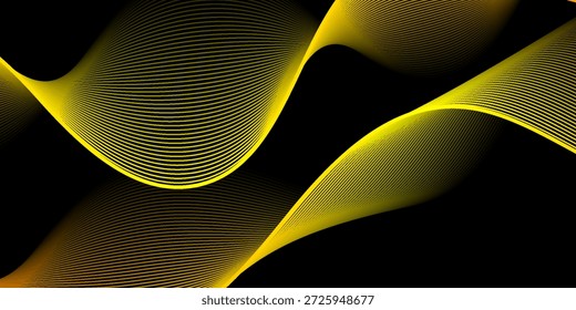 Abstrakte gelbe Wellenlinien auf schwarzem Hintergrund. Dynamisch leuchtende Kurven schaffen ein modernes, futuristisches und elegantes Vektordesign für Banner, Poster und digitale Medien. abstrakter Farbverlauf mit gelbem und orangefarbenem Hintergrund.